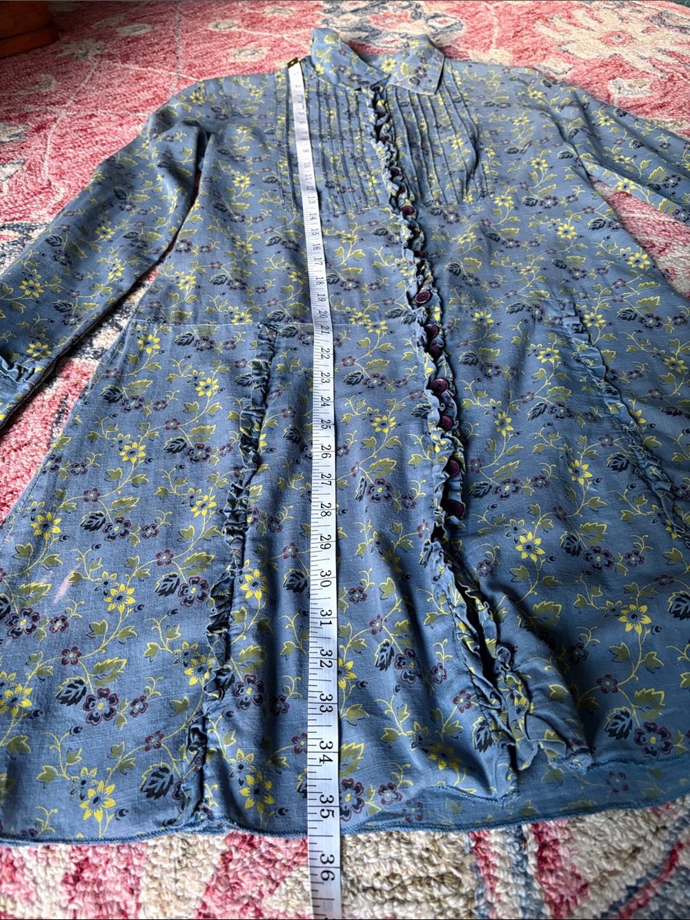 Vintage Free People Dress Sz 6 Blue Floral Button Down Ruffled, Pin-Tuck Fall - Picture 10 of 12